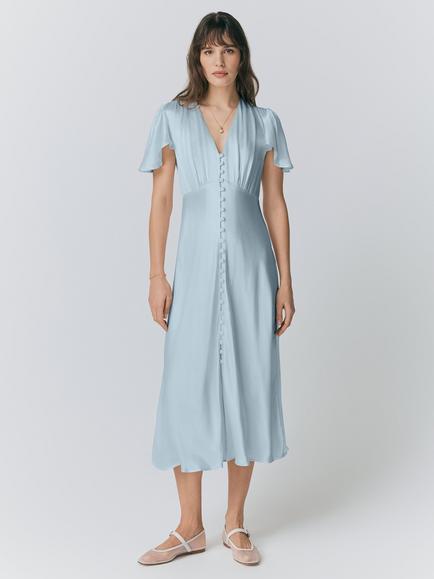 Ghost Grace Satin V-Neck Dress, Light Blue, Light Blue