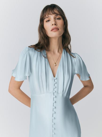 Ghost Grace Satin V-Neck Dress, Light Blue - view 2, Light Blue