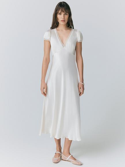 Ghost Lillie Lace Trim Satin Dress, Ivory