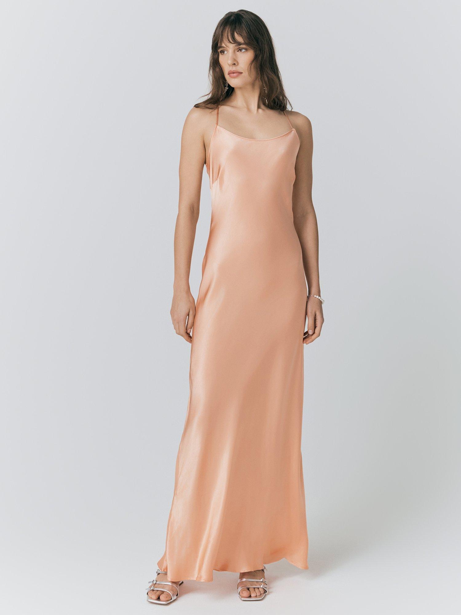 Product image 1 of 4, which shows Ghost Kallie Cross Back Satin Maxi Dress, Peach, XS