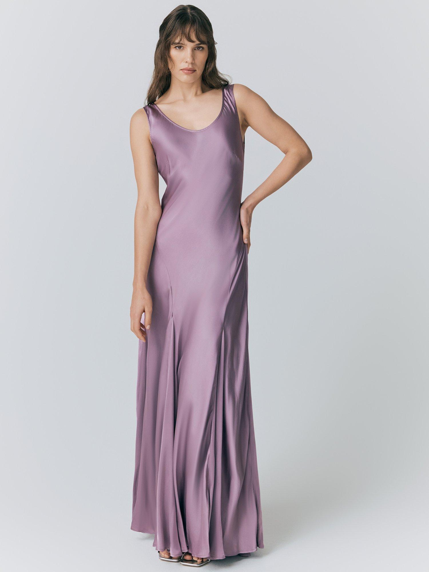 Product image 1 of 5, which shows Ghost Willow Scoop Neck Satin Midi Dress, Purple, XS