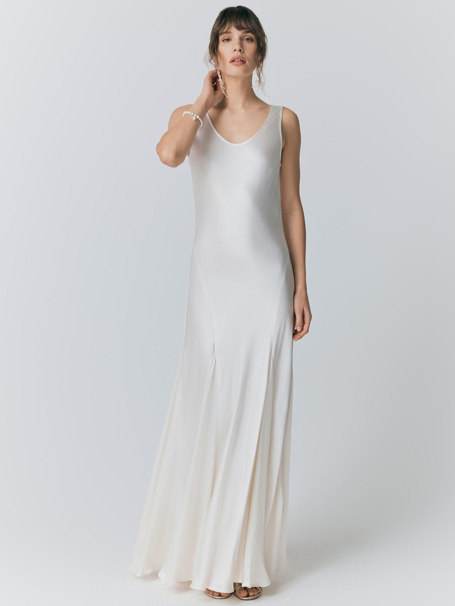 Product image 1 of 5, which shows Ghost Willow Scoop Neck Satin Midi Dress, Ivory, XS