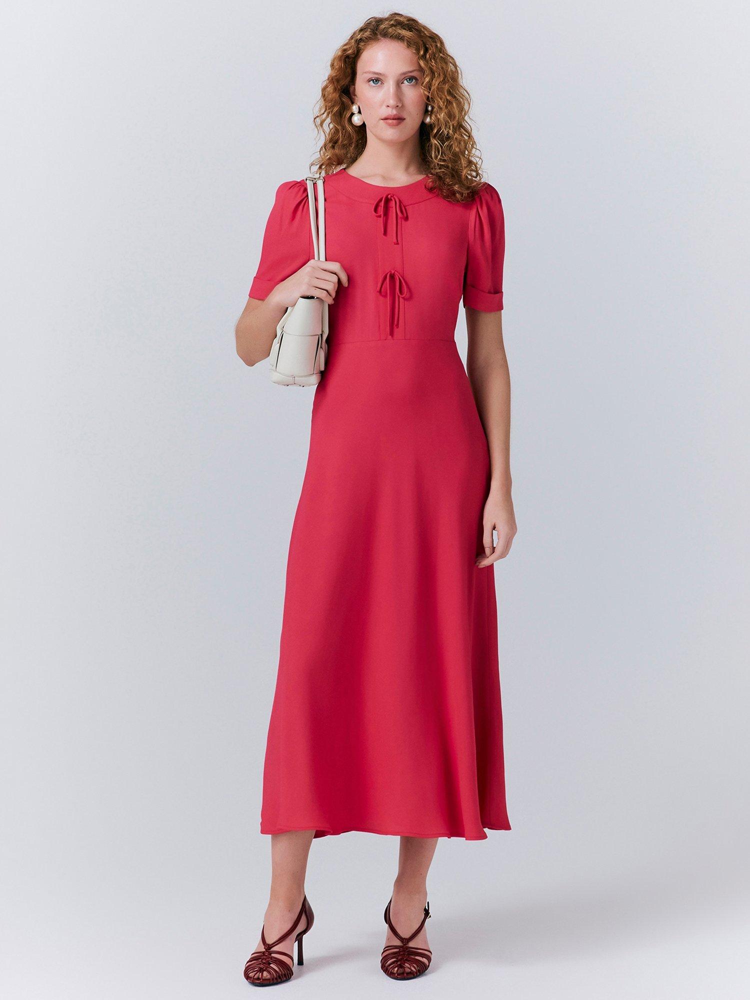 Product image 1 of 5, which shows Ghost Louisa Bow Detail Midi Dress, Bright Pink, XS