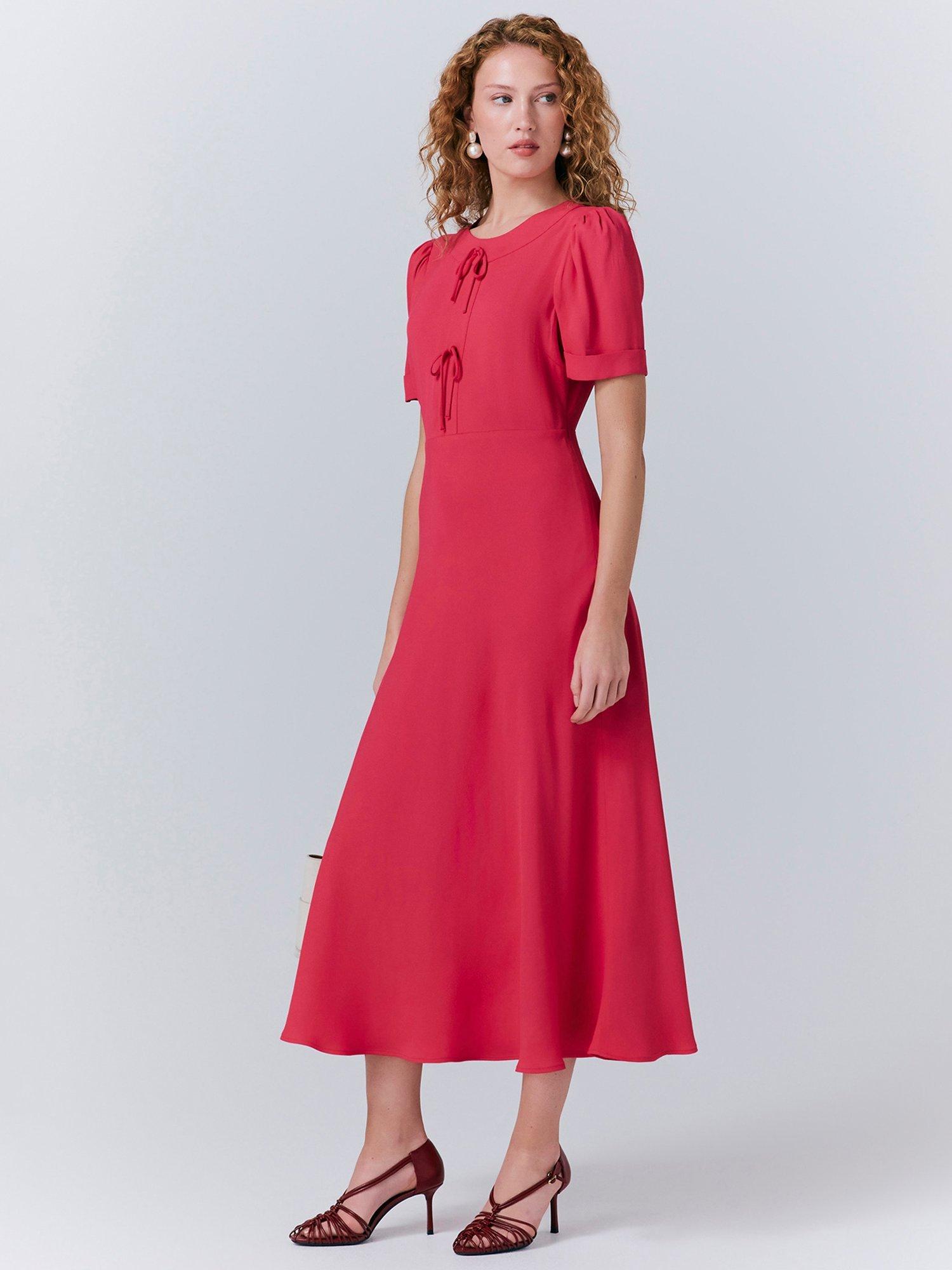 Product image 2 of 5, which shows Ghost Louisa Bow Detail Midi Dress, Bright Pink, XS