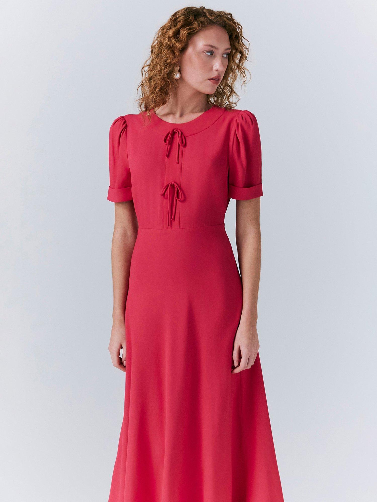 Product image 3 of 5, which shows Ghost Louisa Bow Detail Midi Dress, Bright Pink, XS