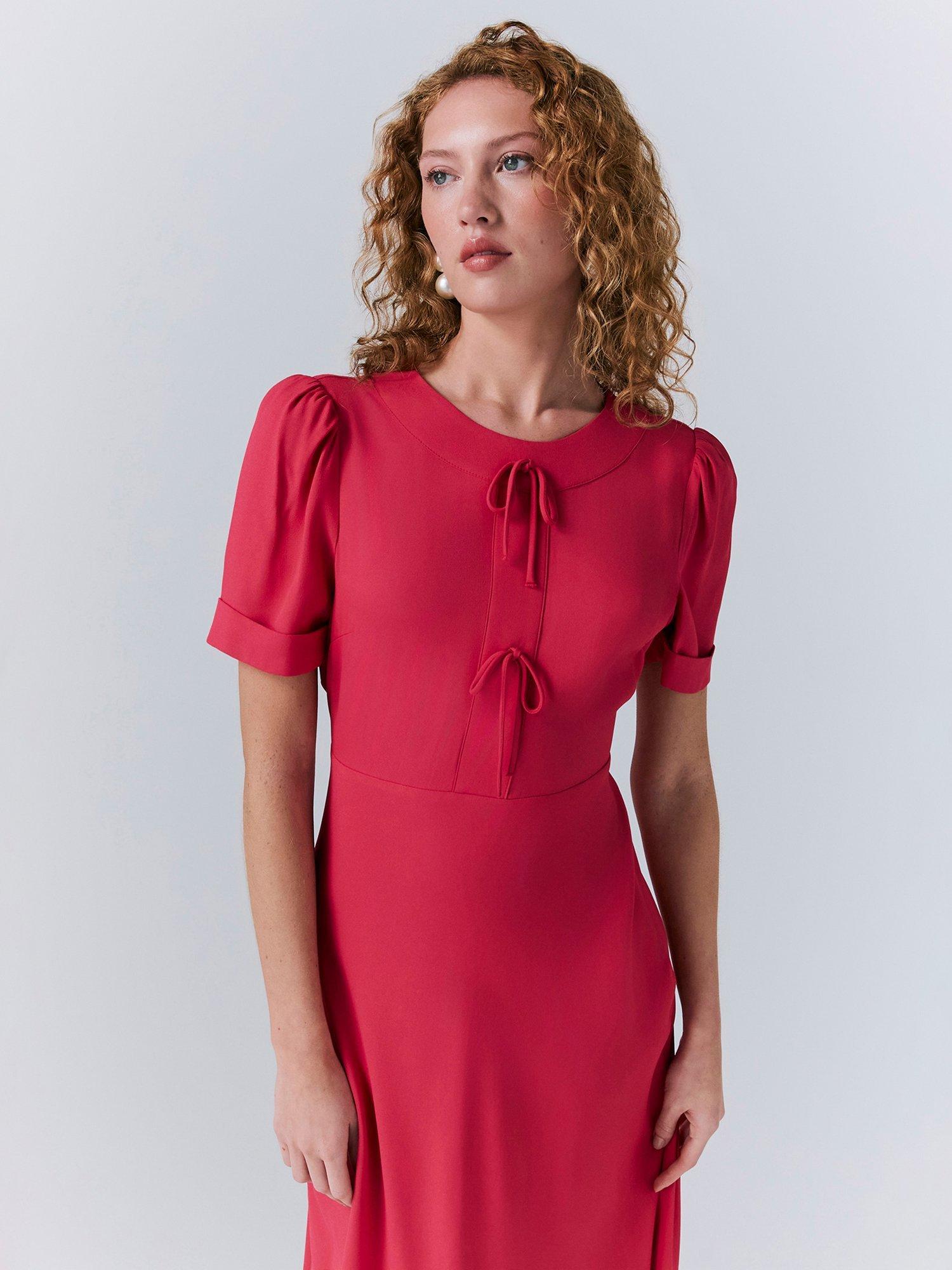 Product image 4 of 5, which shows Ghost Louisa Bow Detail Midi Dress, Bright Pink, XS