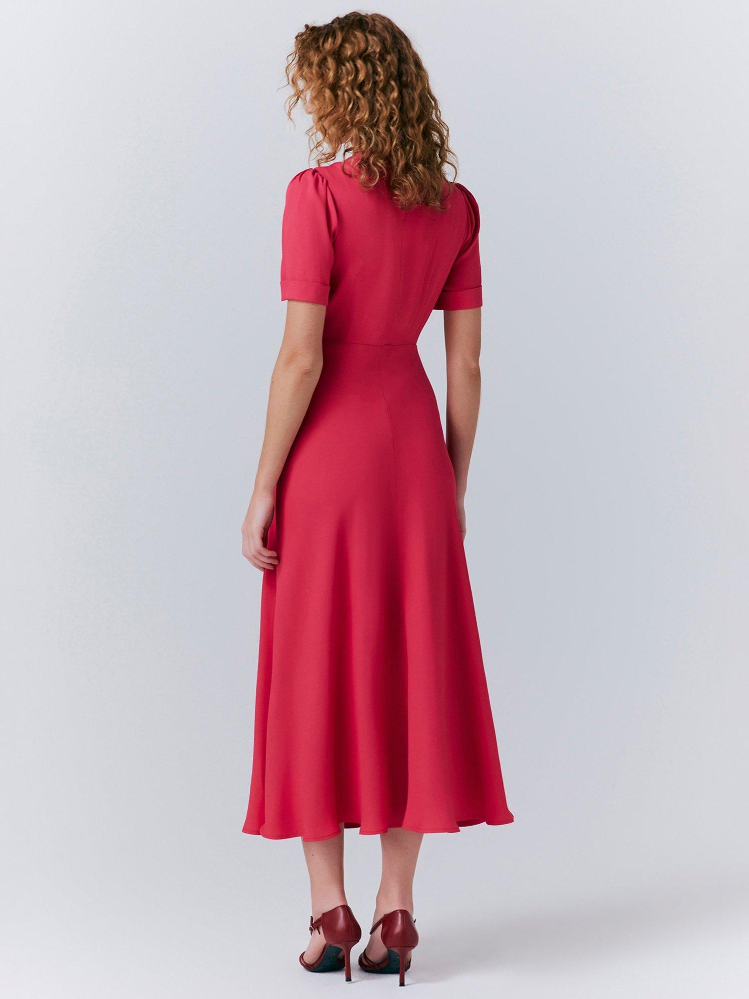 Product image 5 of 5, which shows Ghost Louisa Bow Detail Midi Dress, Bright Pink, XS