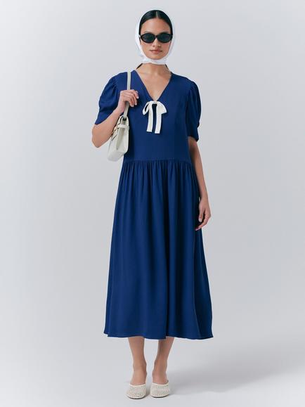 Ghost Peoni Bow Detail Midi Dress, Dark Blue, Dark Blue