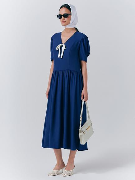 Ghost Peoni Bow Detail Midi Dress, Dark Blue - view 2, Dark Blue