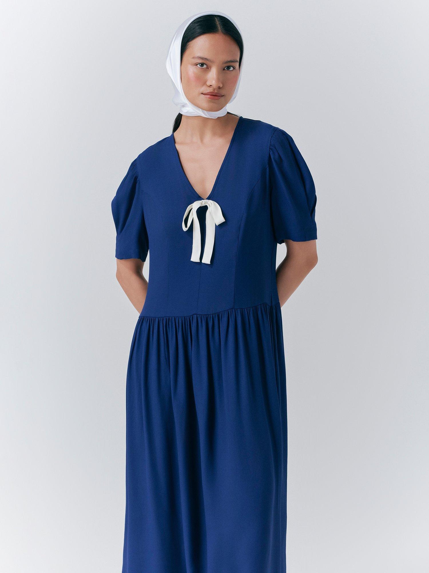 Product image 3 of 5, which shows Ghost Peoni Bow Detail Midi Dress, Dark Blue, XS
