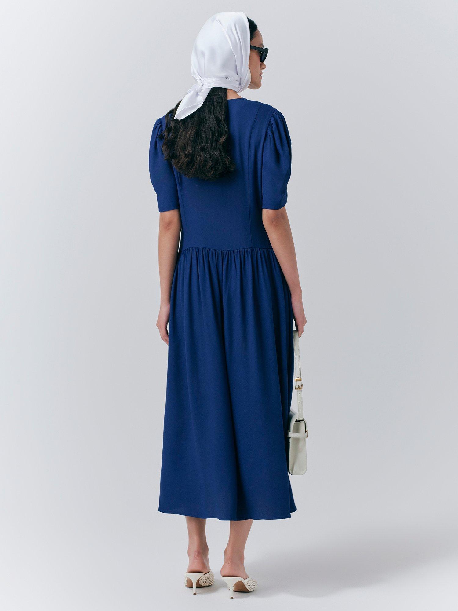 Product image 5 of 5, which shows Ghost Peoni Bow Detail Midi Dress, Dark Blue, XS