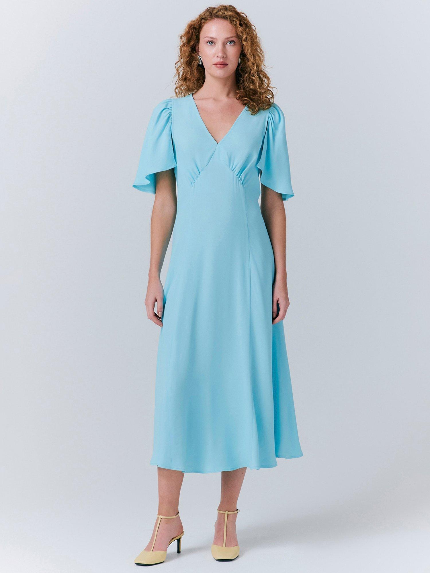 Product image 1 of 5, which shows Ghost Sadie V-Neck Midi Dress, Turquoise Green, XS
