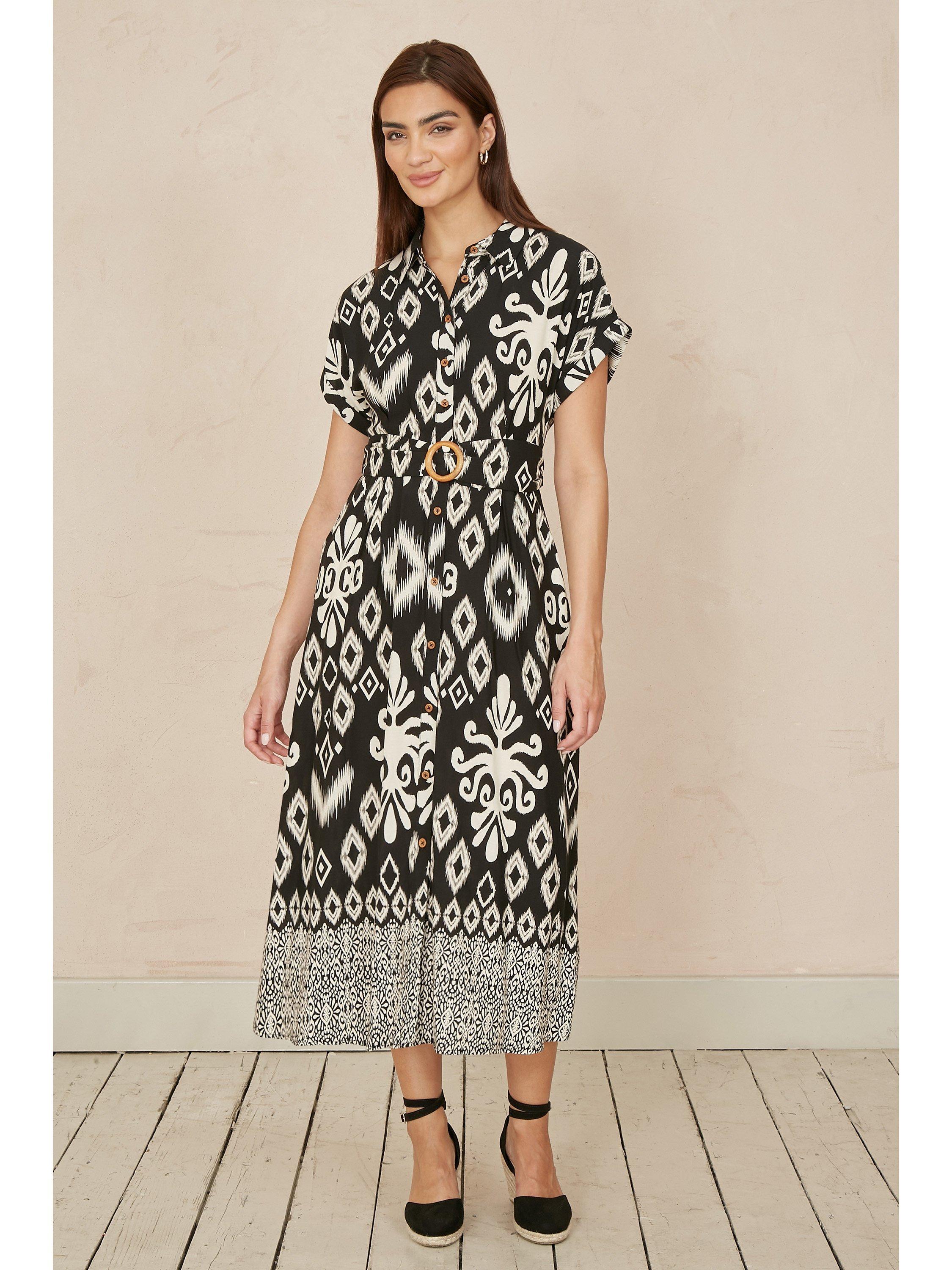 Product image 2 of 5, which shows Yumi Belted Shirt Midi Dress, Black, 8