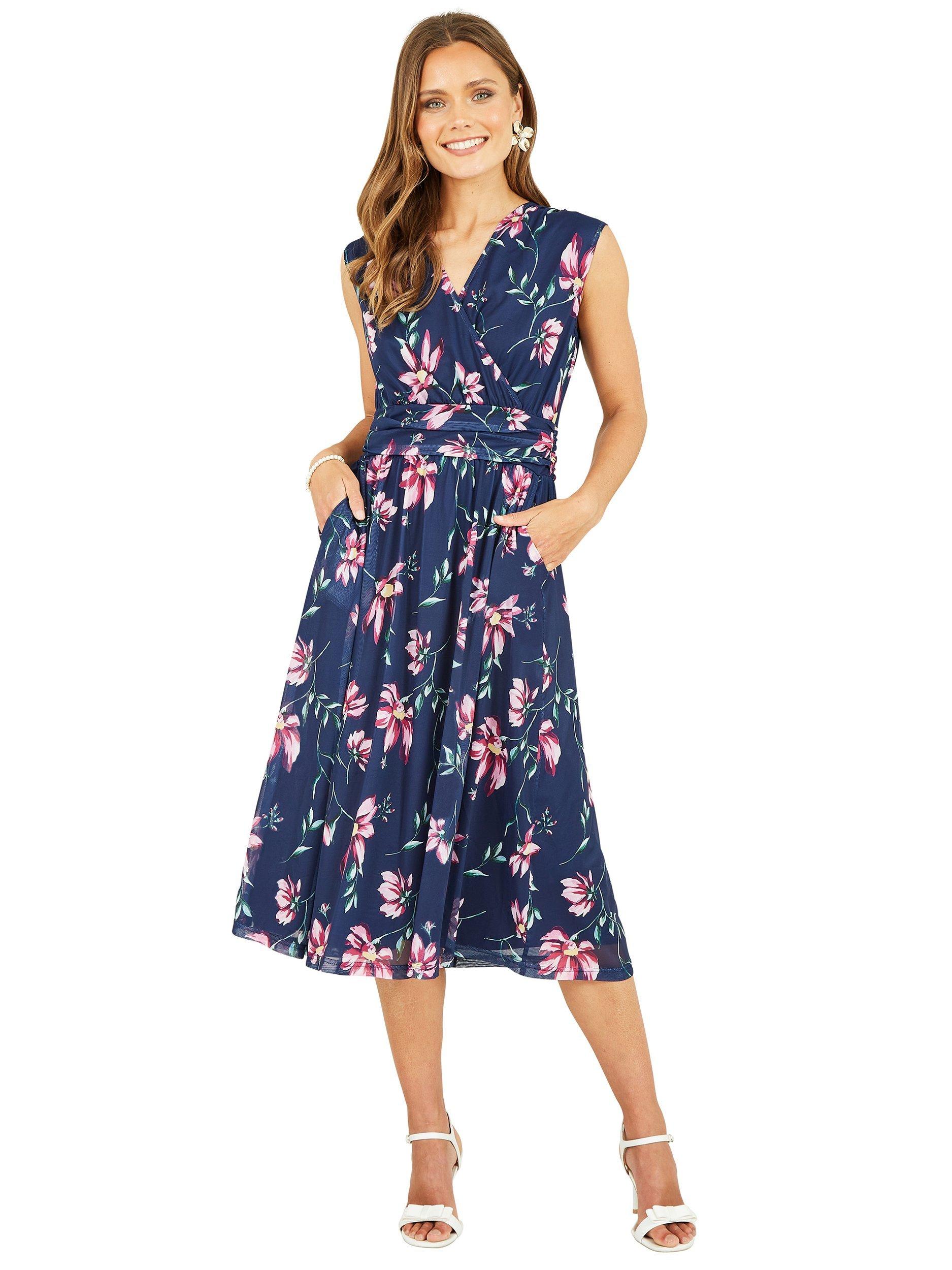 Product image 1 of 5, which shows Yumi Floral Mesh Stretch Midi Dress, Navy/Multi, 8