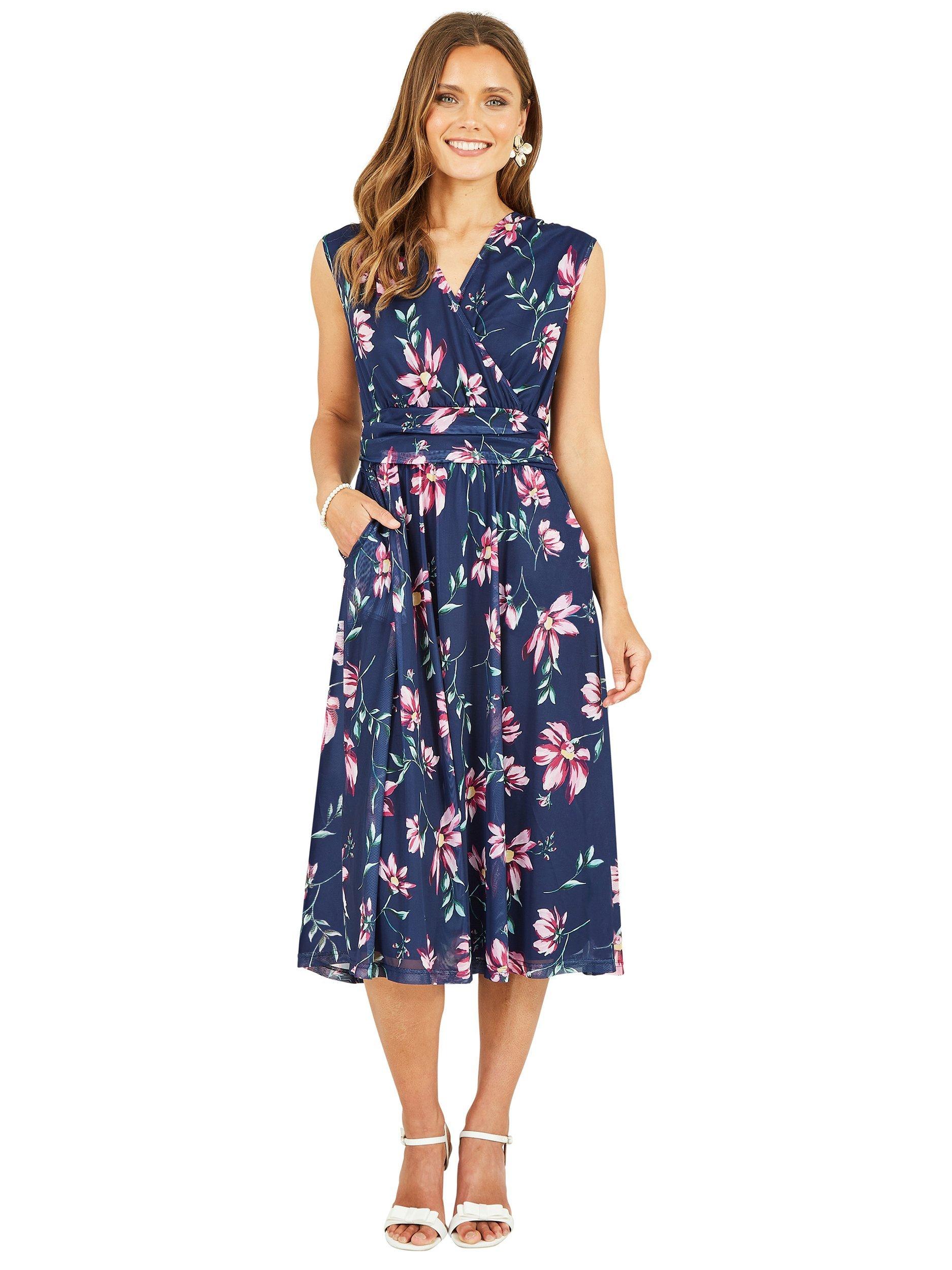 Product image 3 of 5, which shows Yumi Floral Mesh Stretch Midi Dress, Navy/Multi, 8