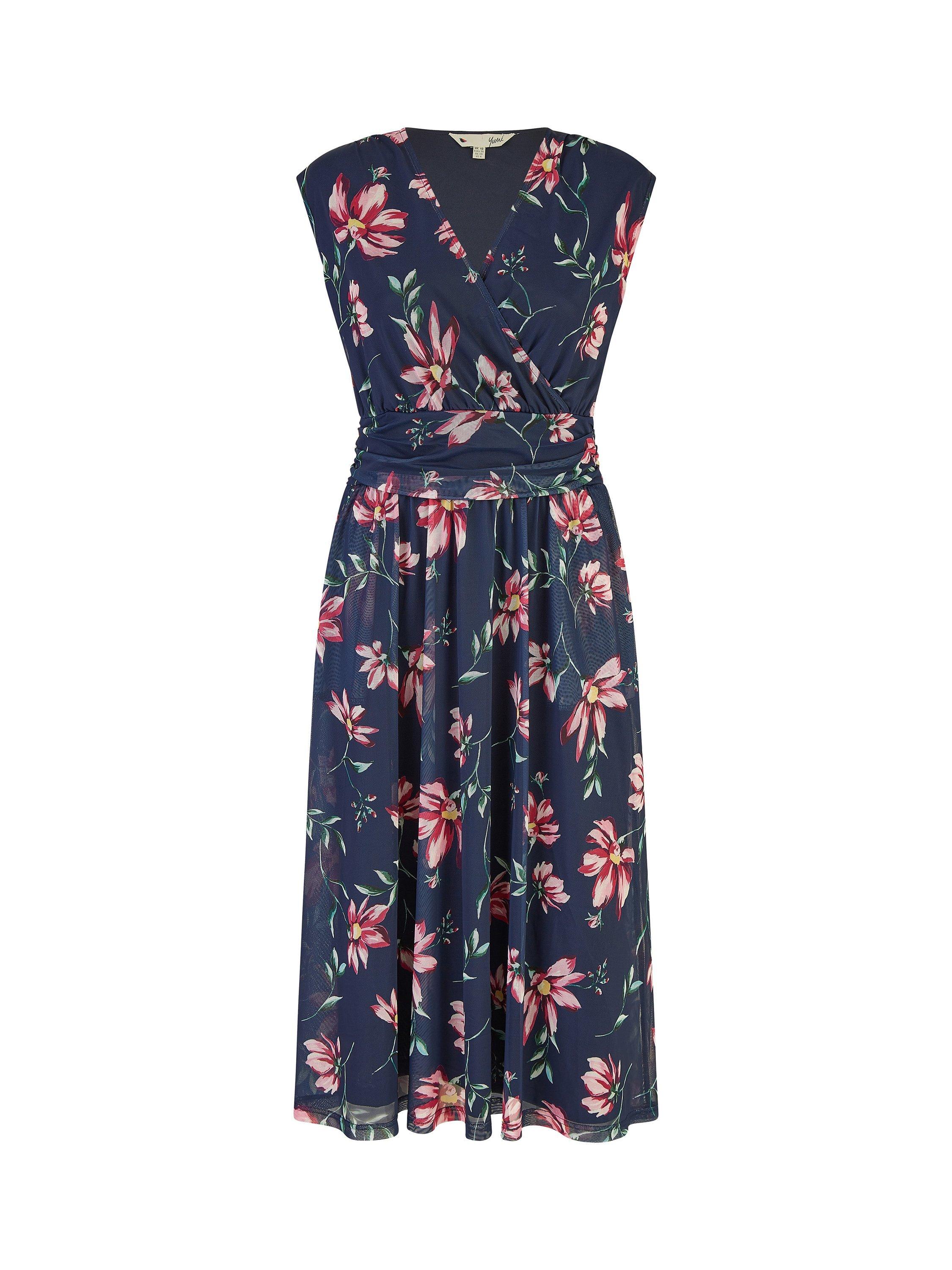 Product image 5 of 5, which shows Yumi Floral Mesh Stretch Midi Dress, Navy/Multi, 8