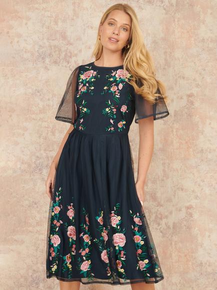 Yumi Floral Embroidered Mesh Skater Dress, Navy/Multi, Navy/Multi