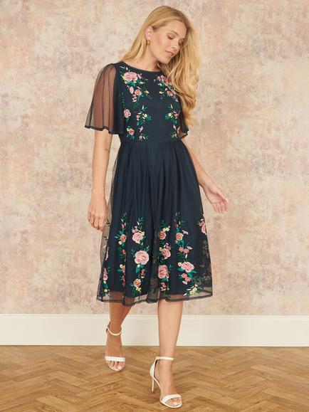 Yumi Floral Embroidered Mesh Skater Dress, Navy/Multi - view 2, Navy/Multi