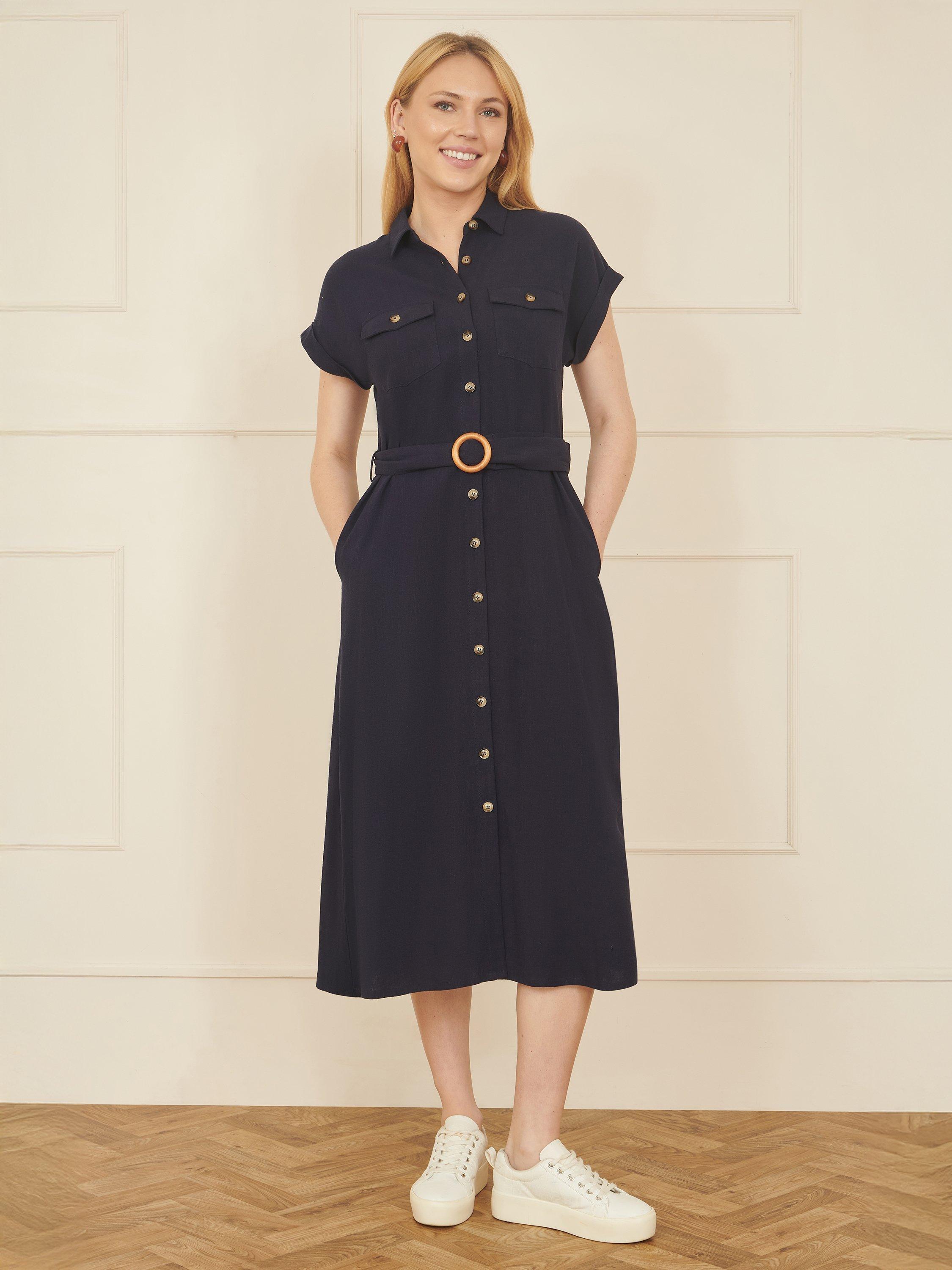 Product image 2 of 5, which shows Yumi Belted Shirt Midi Dress, Navy, 8