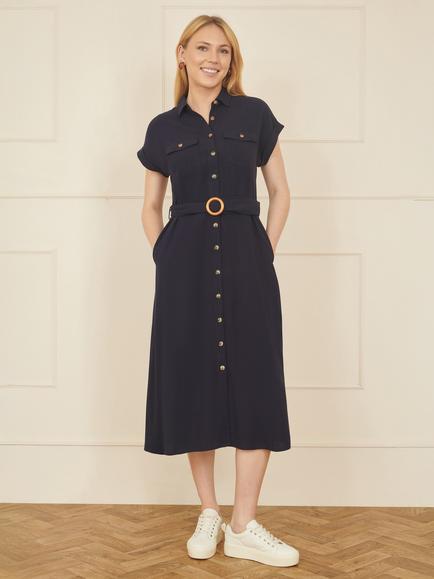 Yumi Belted Shirt Midi Dress - view 2, Navy