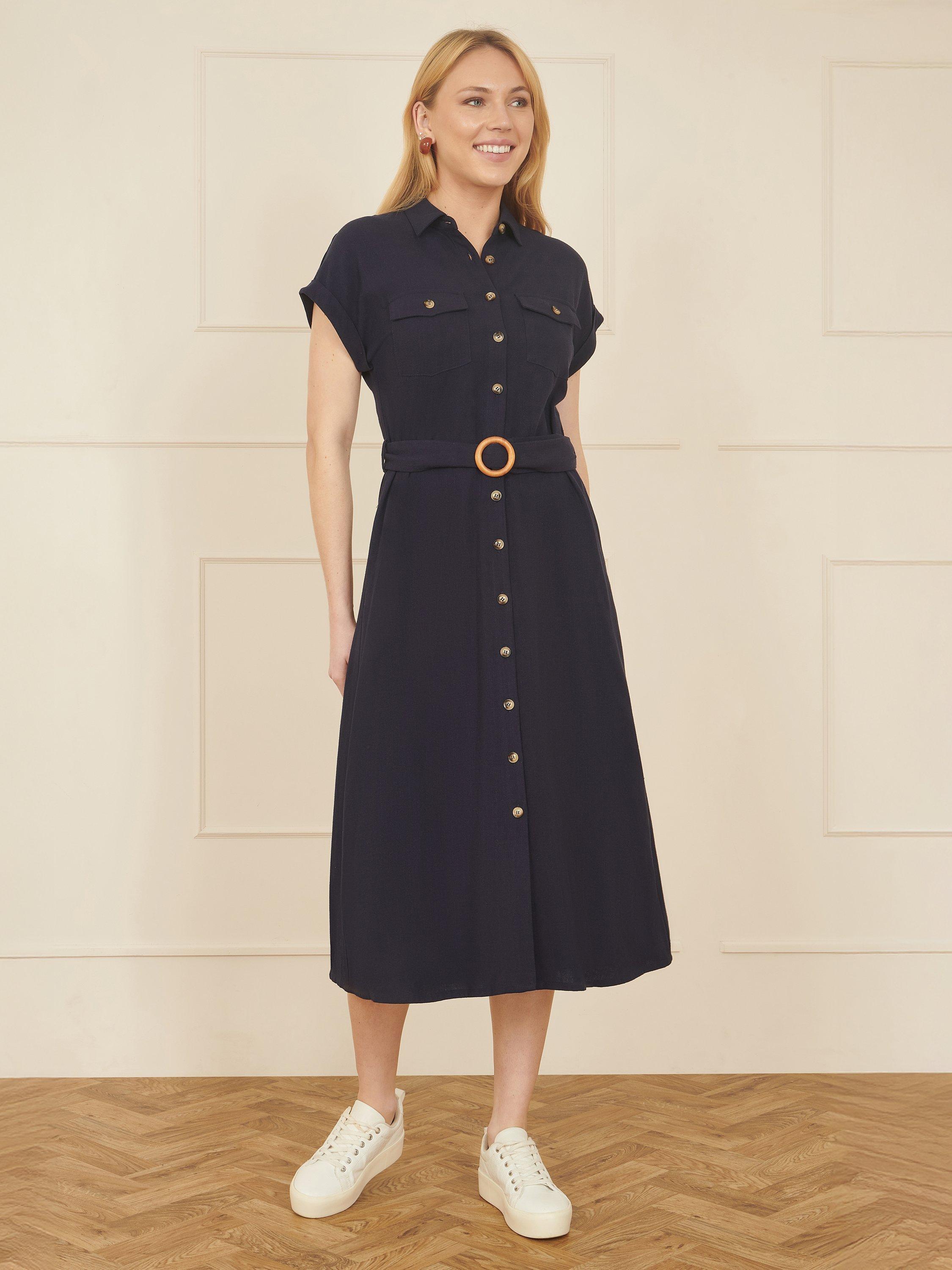 Product image 3 of 5, which shows Yumi Belted Shirt Midi Dress, Navy, 8
