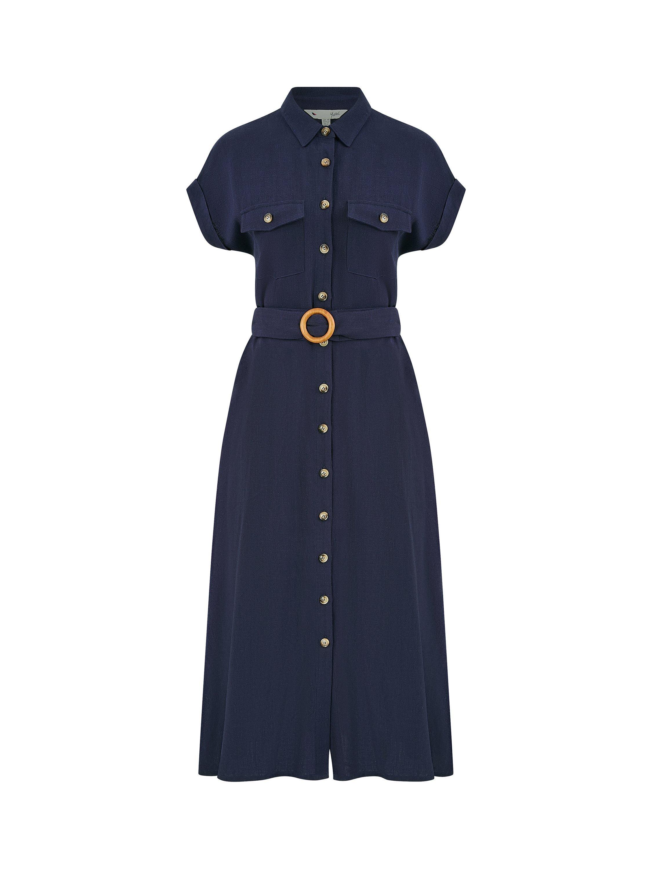 Product image 5 of 5, which shows Yumi Belted Shirt Midi Dress, Navy, 8