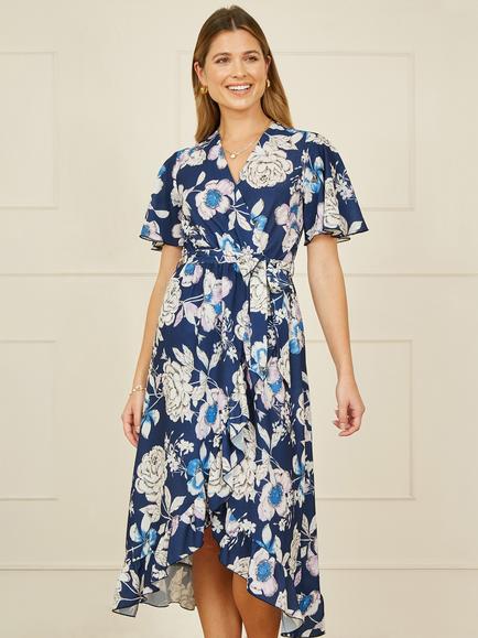 Yumi Floral Midi Wrap Dress, Navy, Navy