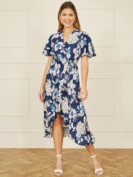 Yumi Floral Midi Wrap Dress, Navy - view 2, Navy