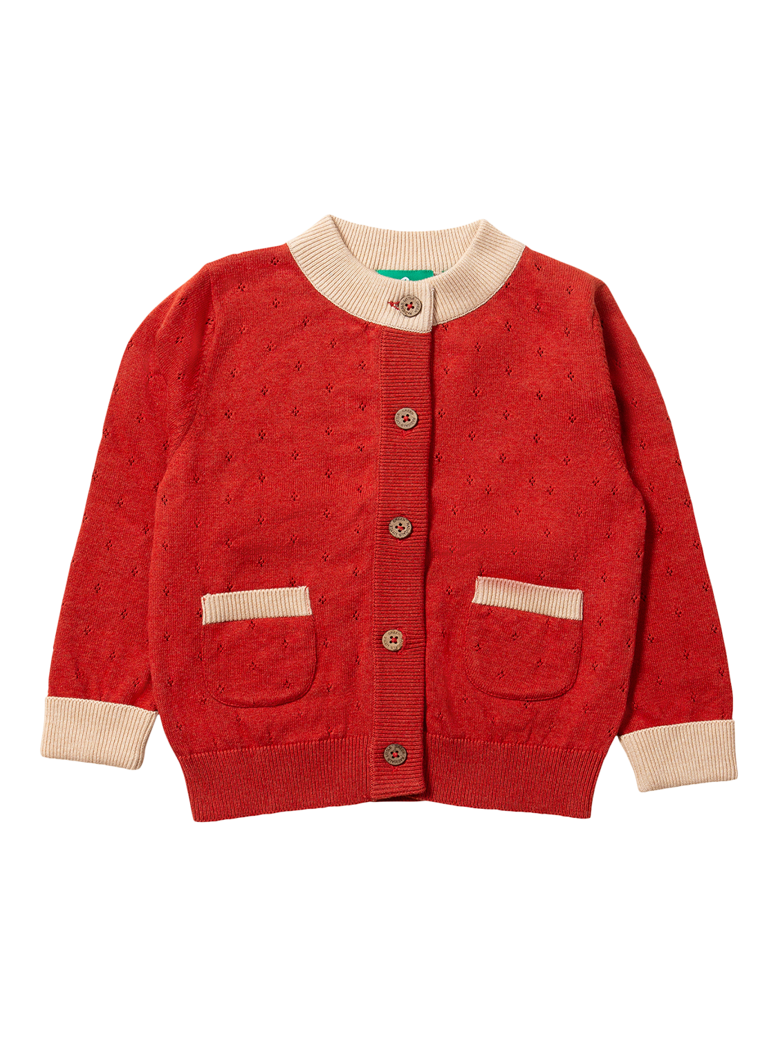 Product image 1 of 5, which shows Little Green Radicals Baby Pointelle Pure Organic Cotton Cardigan, Red/Cream, 2-3 years