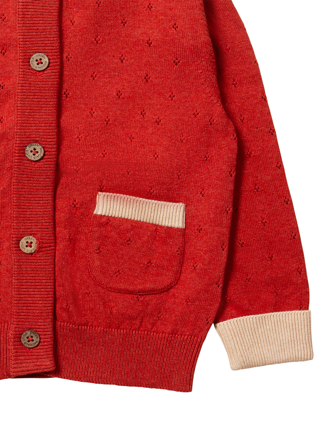Product image 3 of 5, which shows Little Green Radicals Baby Pointelle Pure Organic Cotton Cardigan, Red/Cream, 2-3 years