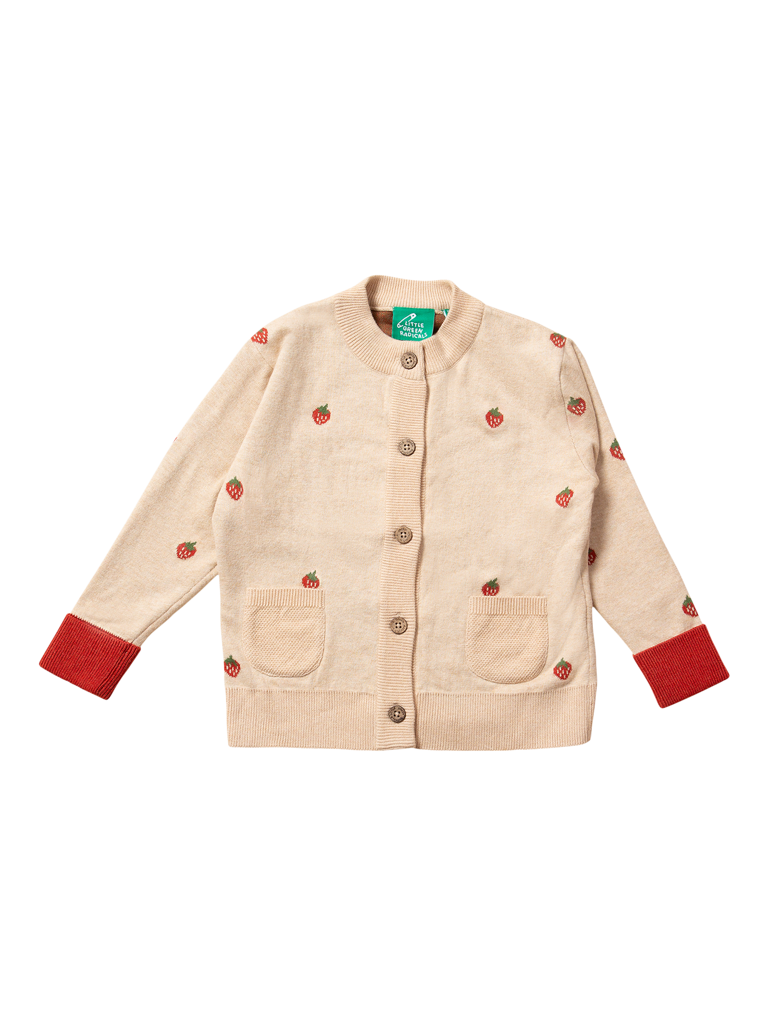 Product image 1 of 5, which shows Little Green Radicals Baby Strawberry Knit Pure Organic Cotton Cardigan, Cream/Multi, 2-3 years
