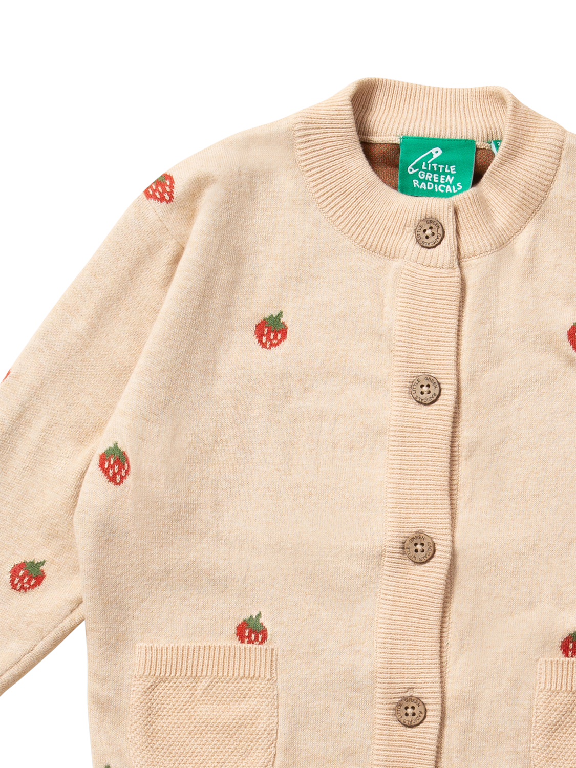 Product image 2 of 5, which shows Little Green Radicals Baby Strawberry Knit Pure Organic Cotton Cardigan, Cream/Multi, 2-3 years