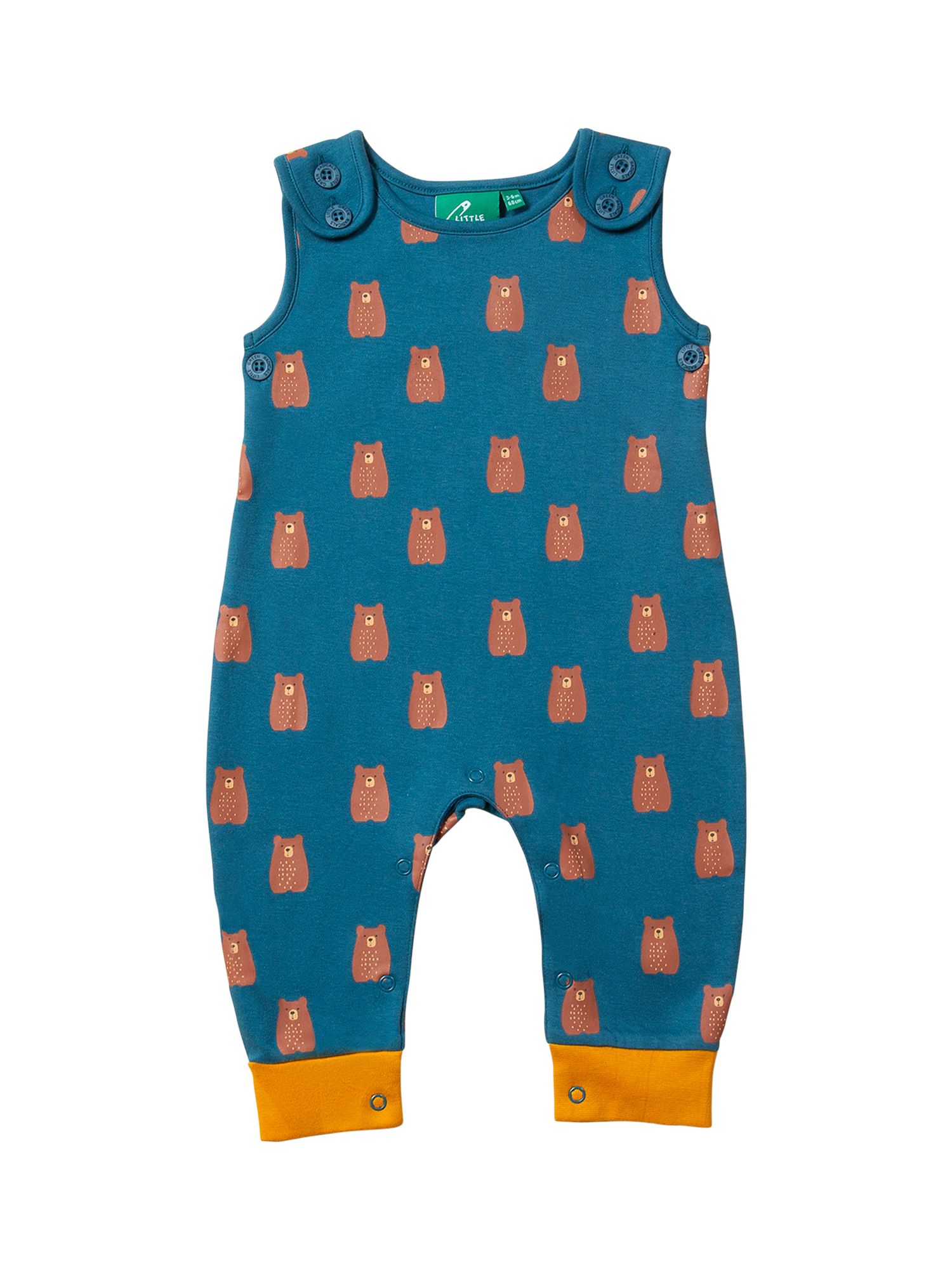 Product image 1 of 4, which shows Little Green Radicals Baby Organic Cotton Teddy Bears Everyday Dungarees, Blue/Multi, 2-3 years