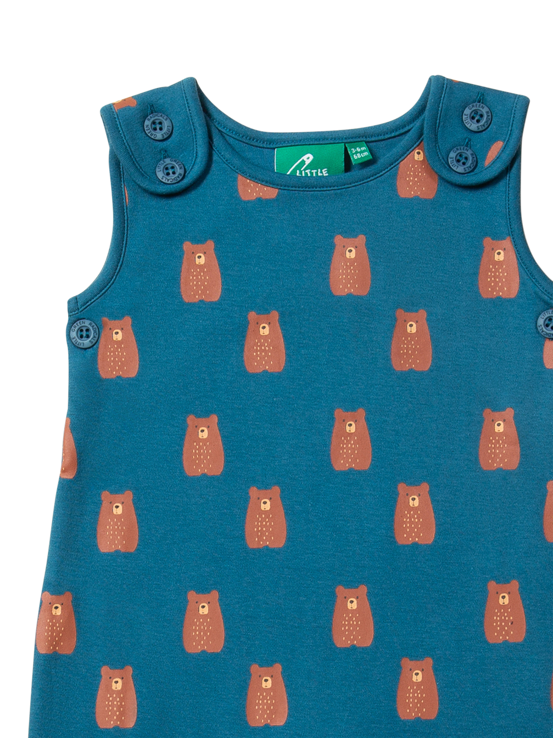 Product image 2 of 4, which shows Little Green Radicals Baby Organic Cotton Teddy Bears Everyday Dungarees, Blue/Multi, 2-3 years