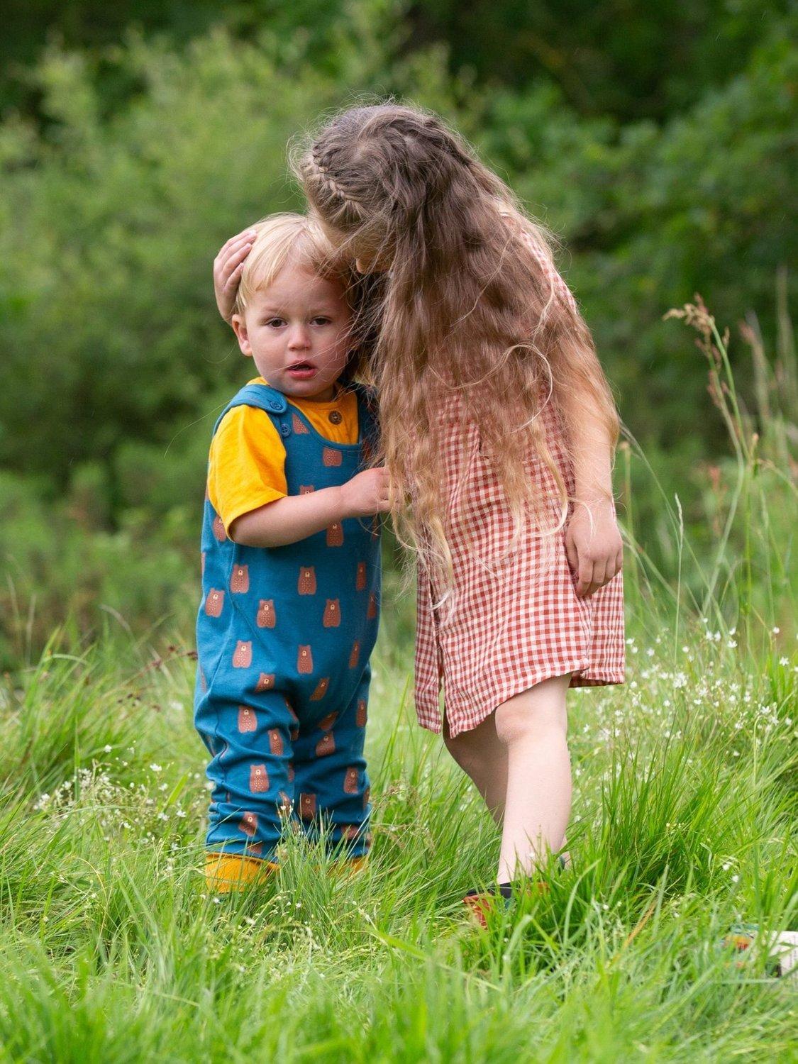Product image 4 of 4, which shows Little Green Radicals Baby Organic Cotton Teddy Bears Everyday Dungarees, Blue/Multi, 2-3 years