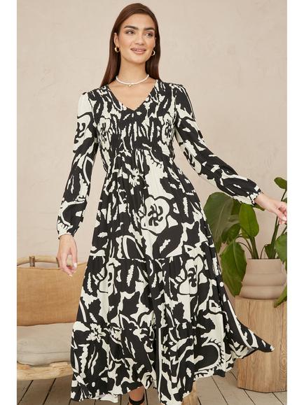 Yumi Abstract Print Ruched Midi Dress, Black