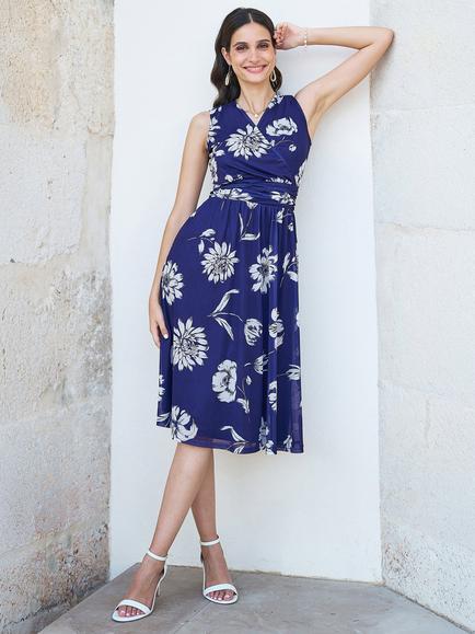 Yumi Floral Print Mesh Stretch Dress, Navy/Multi