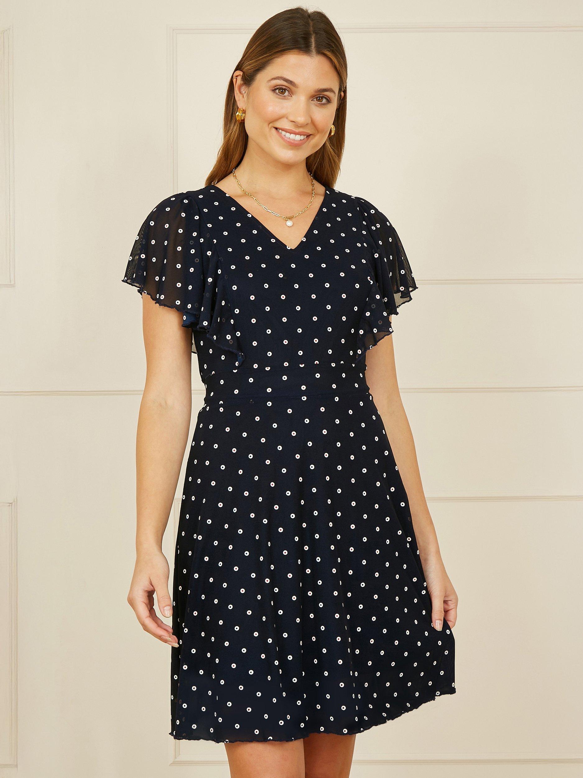 Product image 1 of 5, which shows Yumi Polka Dot Ruffle Sleeve Dress, Navy, 8
