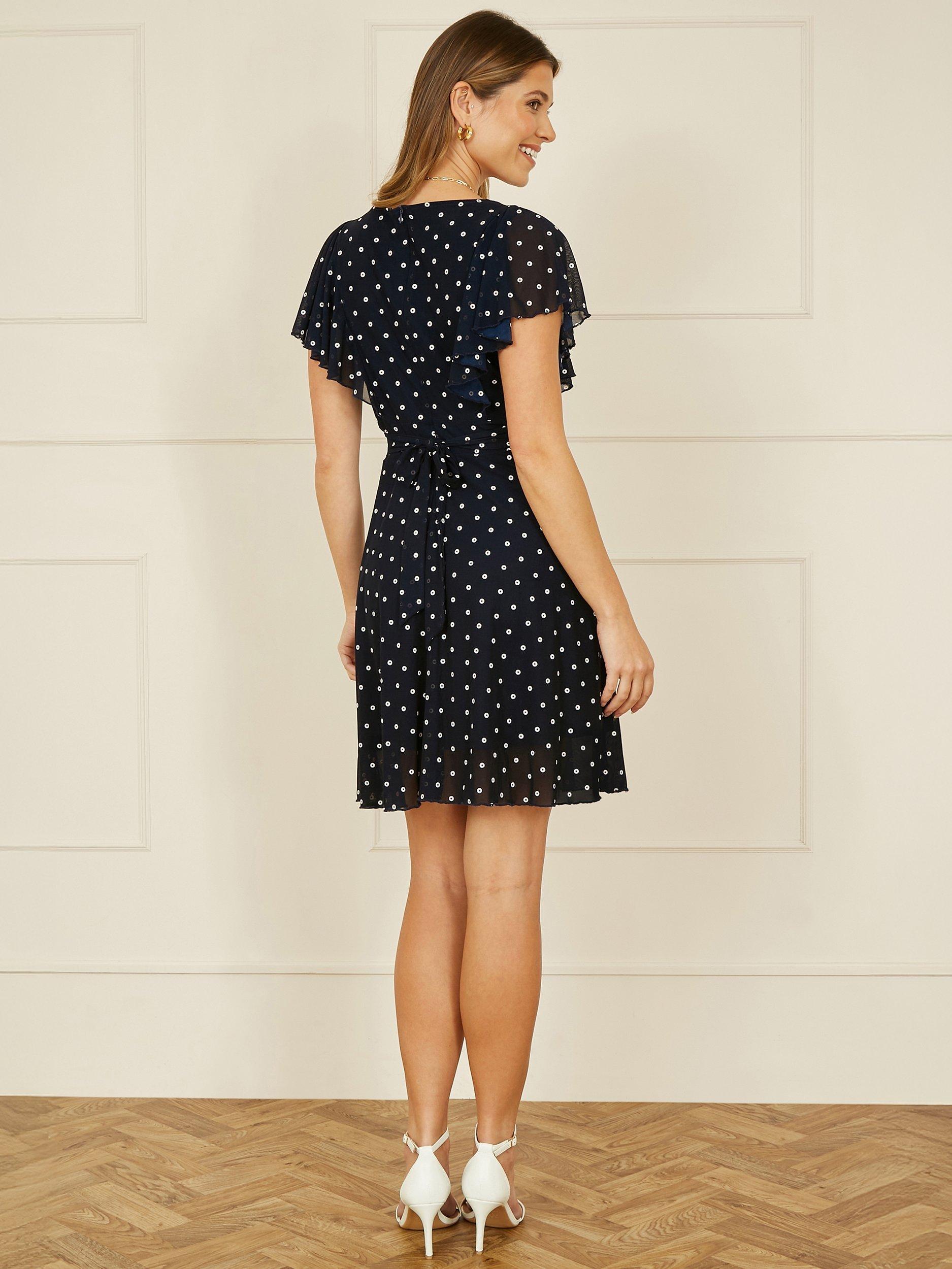 Product image 3 of 5, which shows Yumi Polka Dot Ruffle Sleeve Dress, Navy, 8