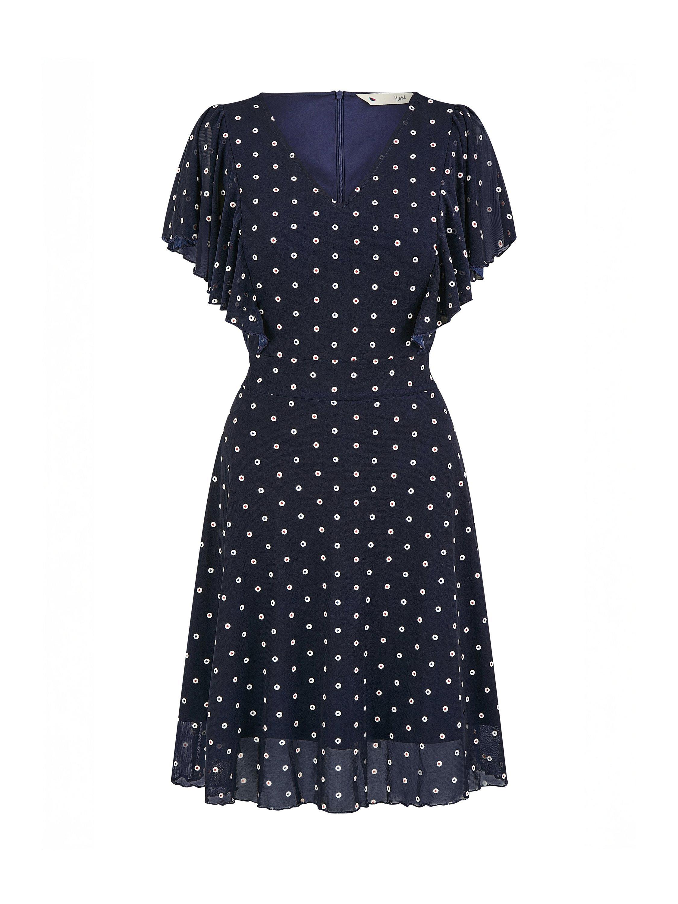 Product image 5 of 5, which shows Yumi Polka Dot Ruffle Sleeve Dress, Navy, 8