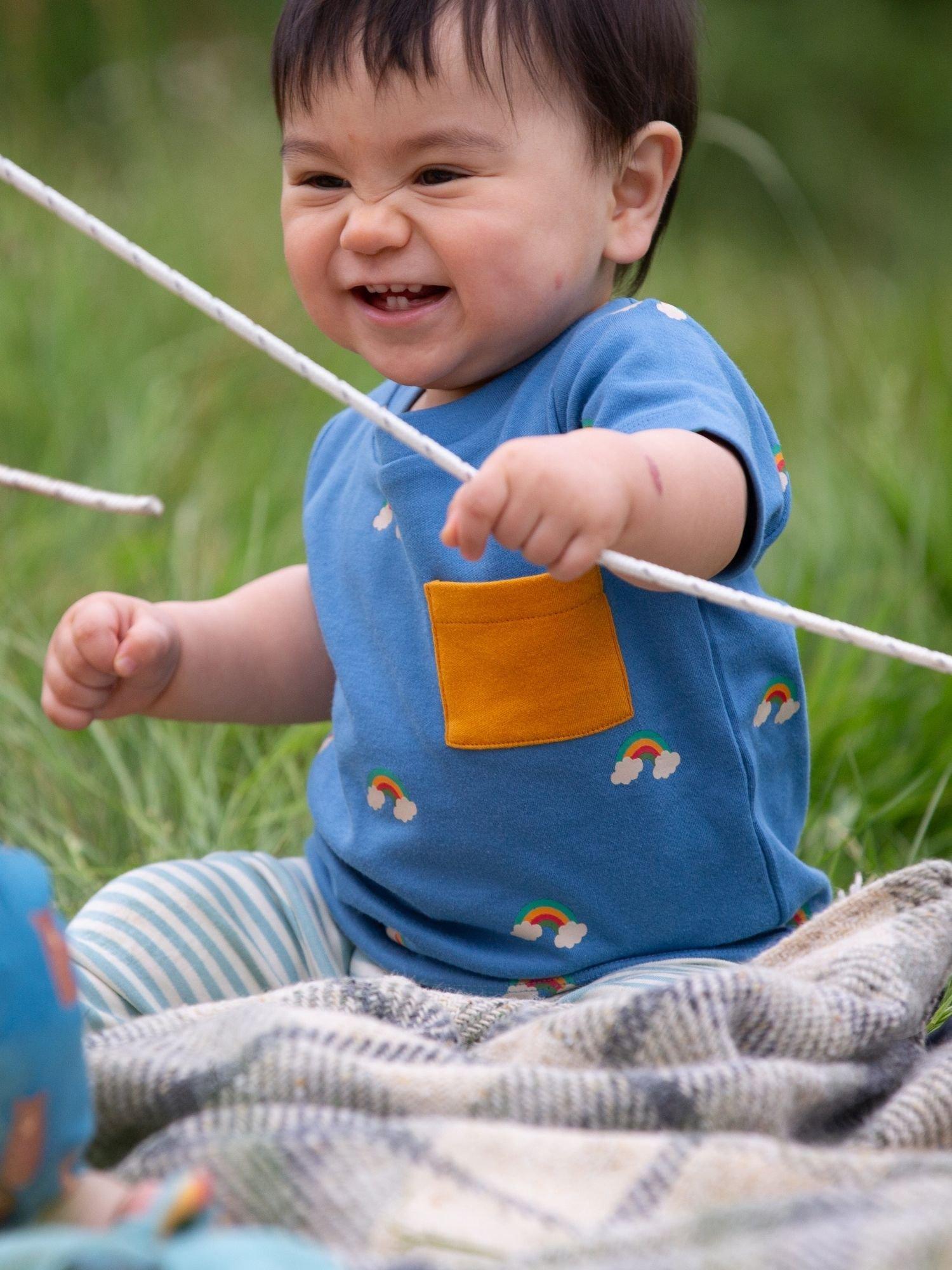 Product image 5 of 5, which shows Little Green Radicals Baby Rainbows Organic Cotton T-Shirt & Jogger Set, Blue/Multi, 0-3 months