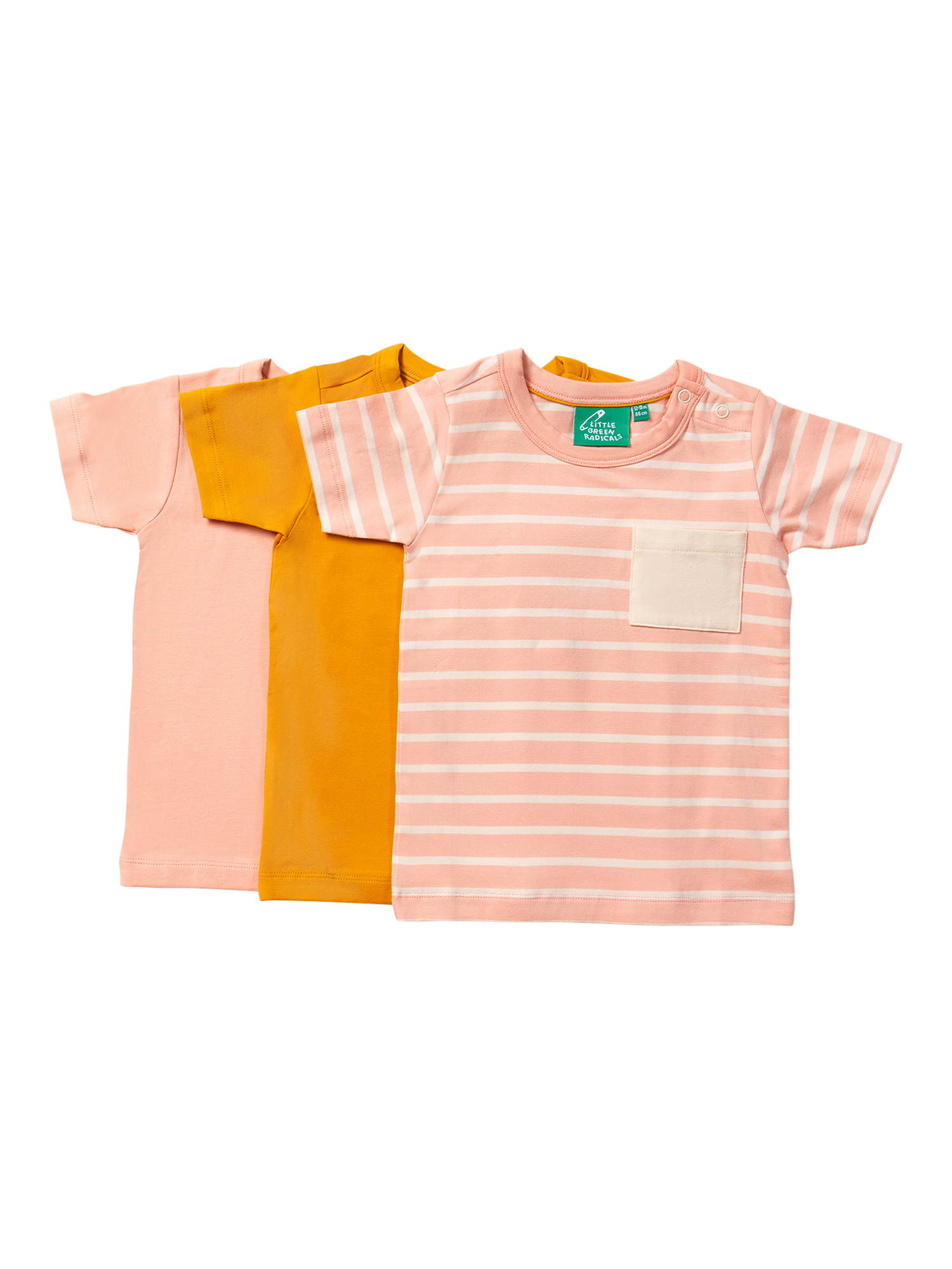 Product image 1 of 3, which shows Little Green Radicals Kids' Plain/Stripe Organic Cotton Rich T-Shirts, Pack of 3, Multi, 2-3 years