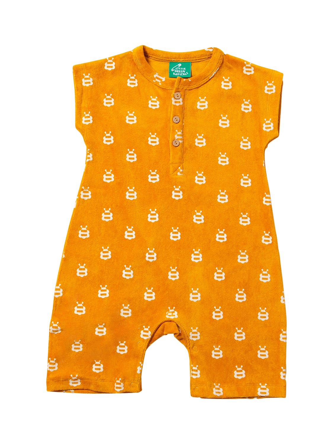 Product image 1 of 6, which shows Little Green Radicals Baby Bees Organic Cotton Towelling Bodysuit, Gold, 2-3 years