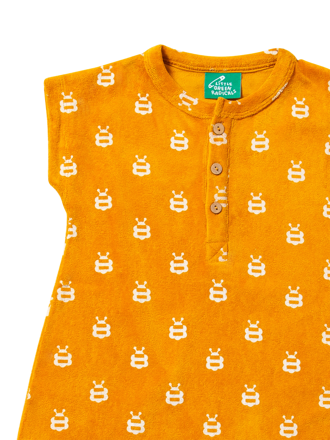 Product image 2 of 6, which shows Little Green Radicals Baby Bees Organic Cotton Towelling Bodysuit, Gold, 2-3 years