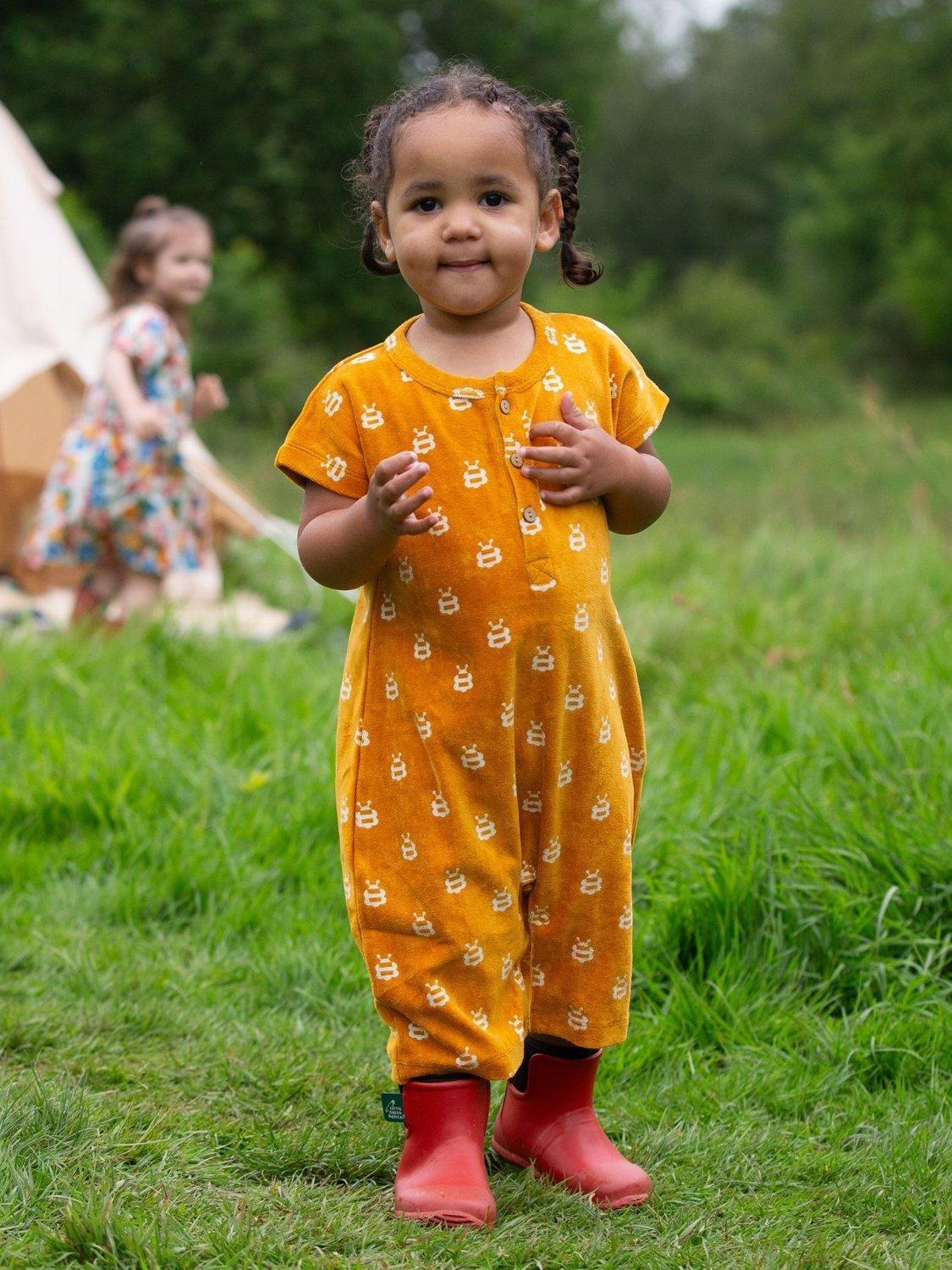 Product image 4 of 6, which shows Little Green Radicals Baby Bees Organic Cotton Towelling Bodysuit, Gold, 2-3 years