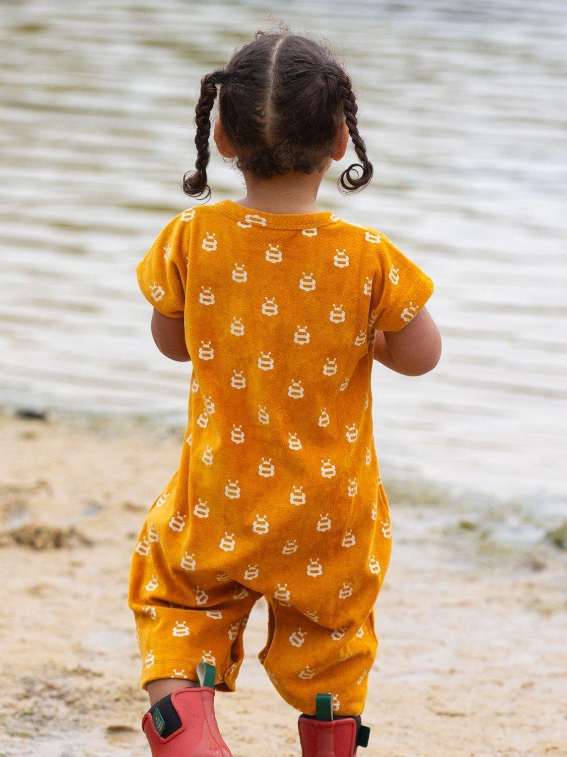 Product image 5 of 6, which shows Little Green Radicals Baby Bees Organic Cotton Towelling Bodysuit, Gold, 2-3 years