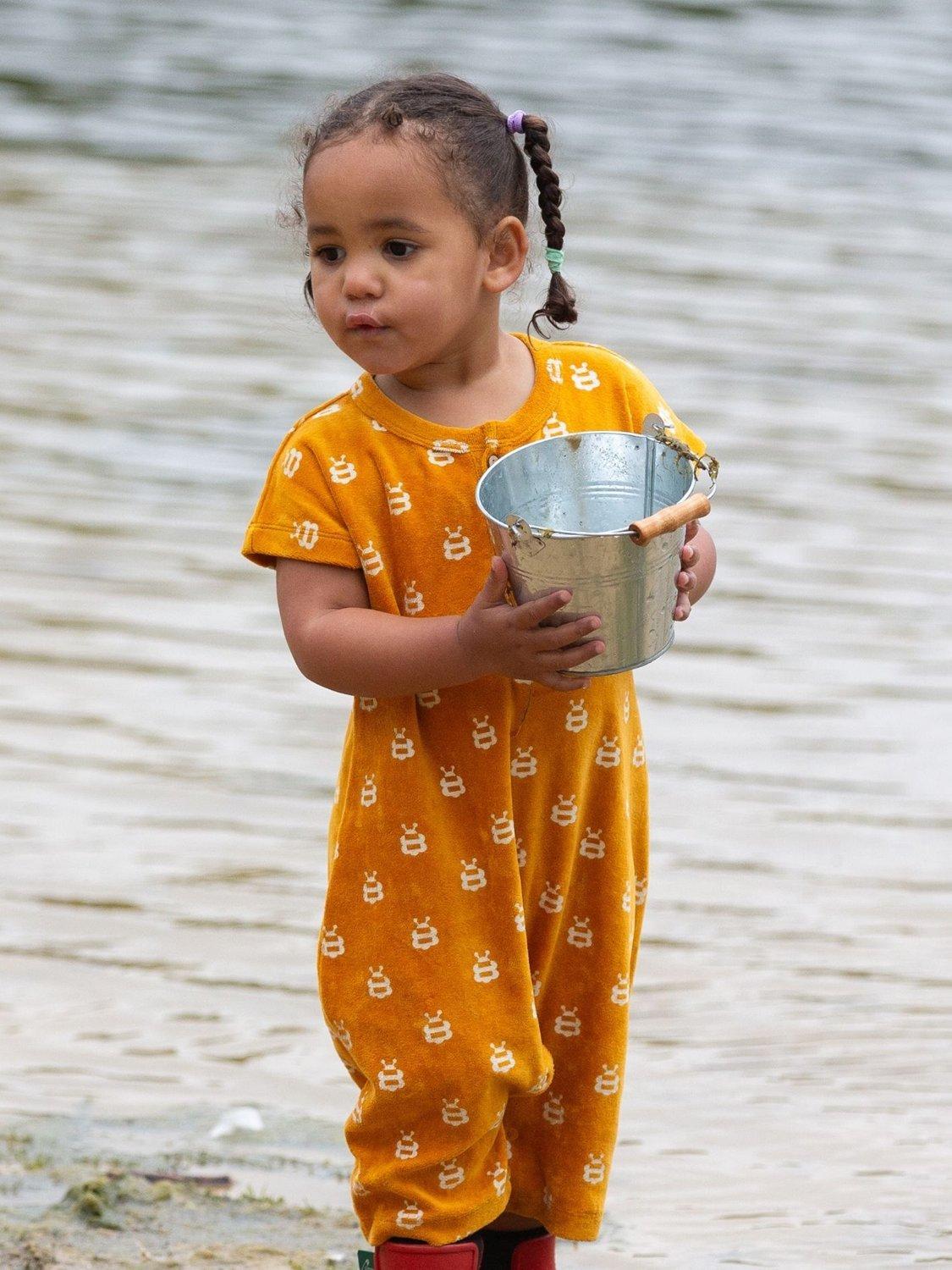 Product image 6 of 6, which shows Little Green Radicals Baby Bees Organic Cotton Towelling Bodysuit, Gold, 2-3 years