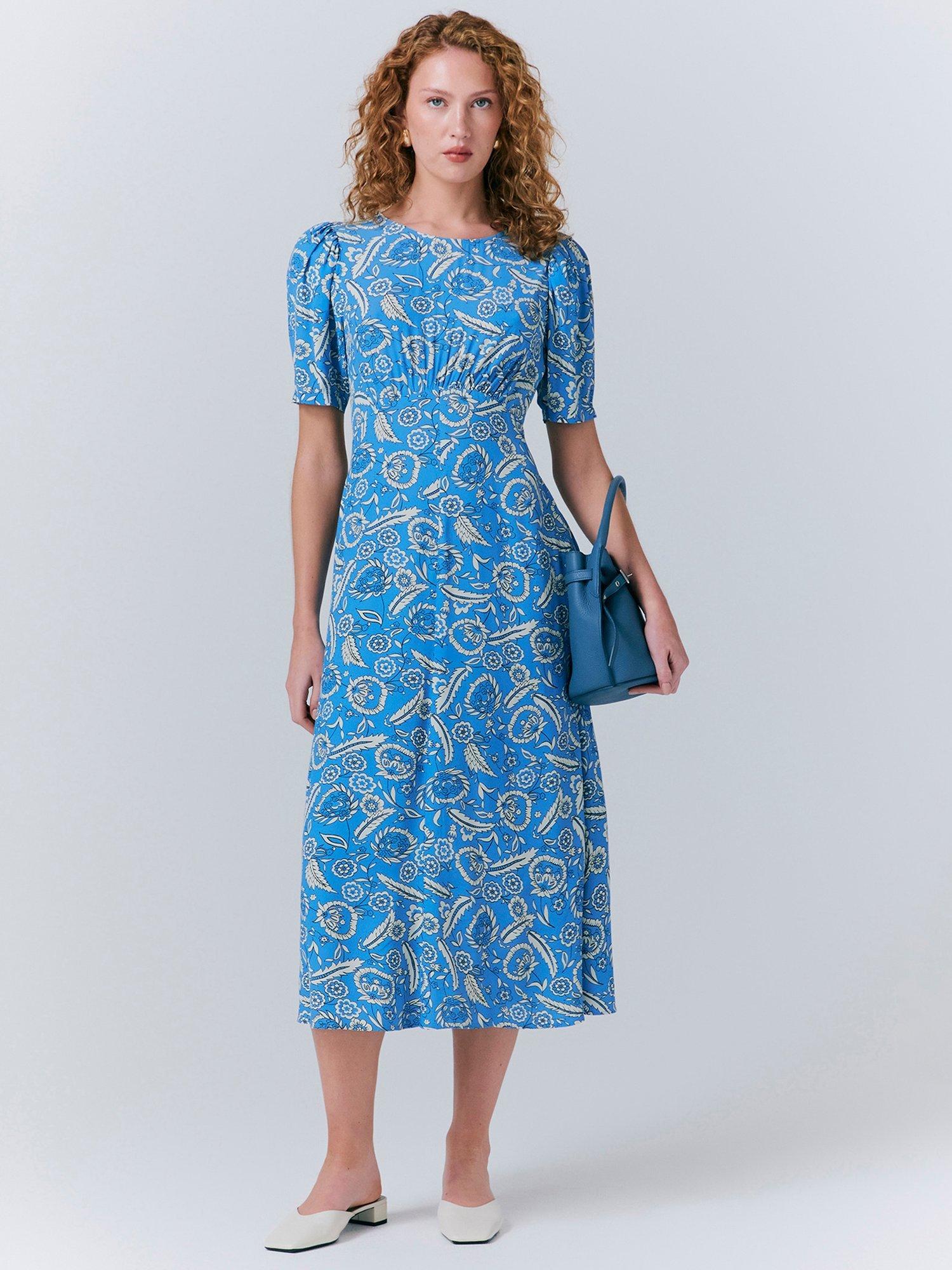 Product image 1 of 5, which shows Ghost Esme Empire Linen Floral Dress, Blue, XXL