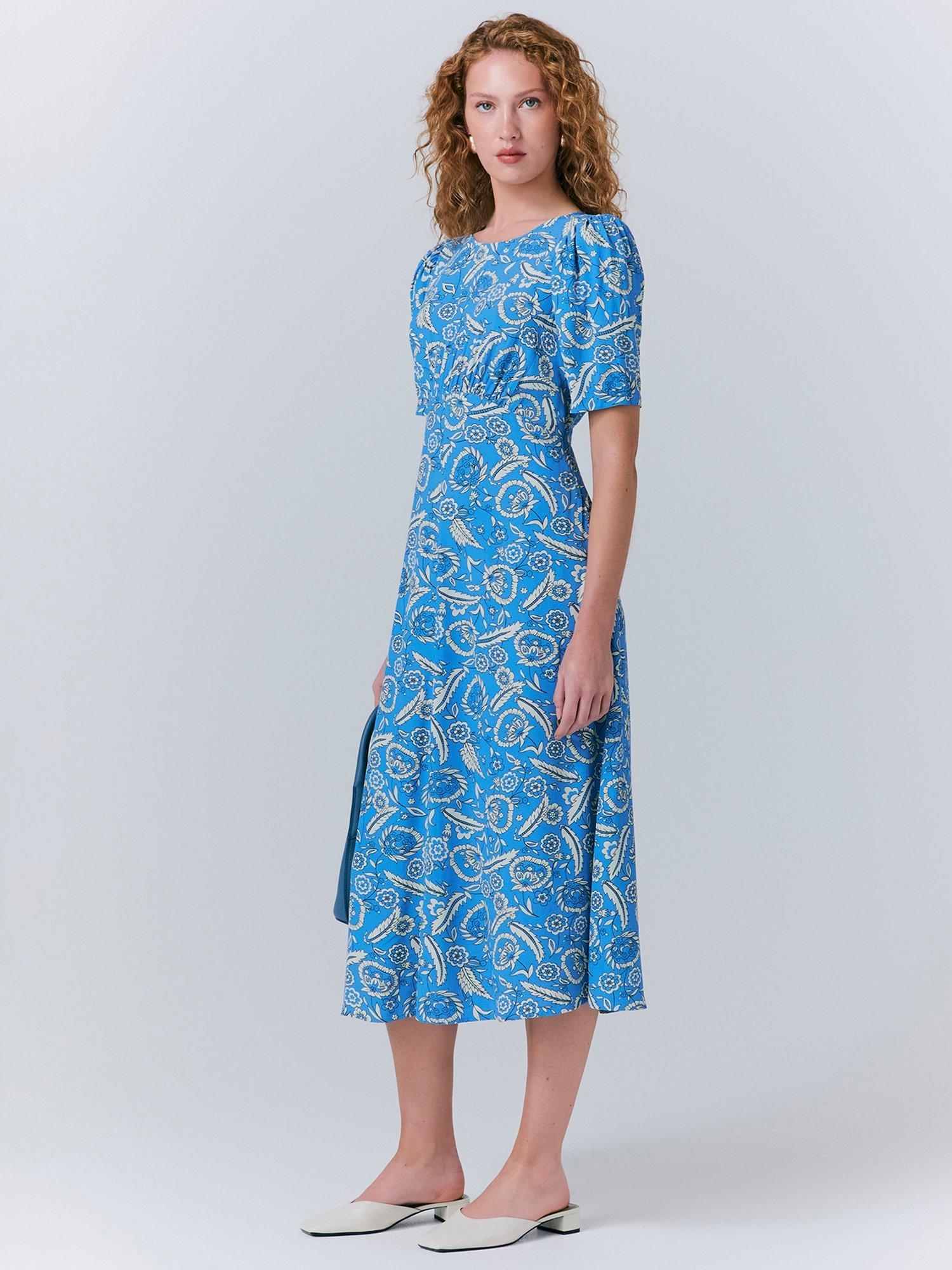 Product image 2 of 5, which shows Ghost Esme Empire Linen Floral Dress, Blue, XXL