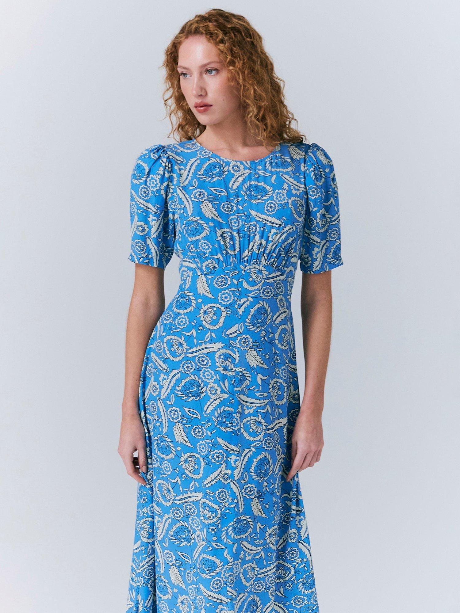 Product image 3 of 5, which shows Ghost Esme Empire Linen Floral Dress, Blue, XXL